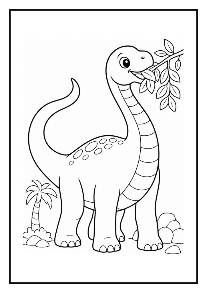 Kleurplaat van een Diplodocus die vrolijk met zijn staart een bal vangt in een eenvoudige scène