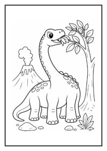 Vrolijke diplodocus die zijn spiegelbeeld bekijkt bij een rustig meertje met een vulkaan en bomen op de achtergrond