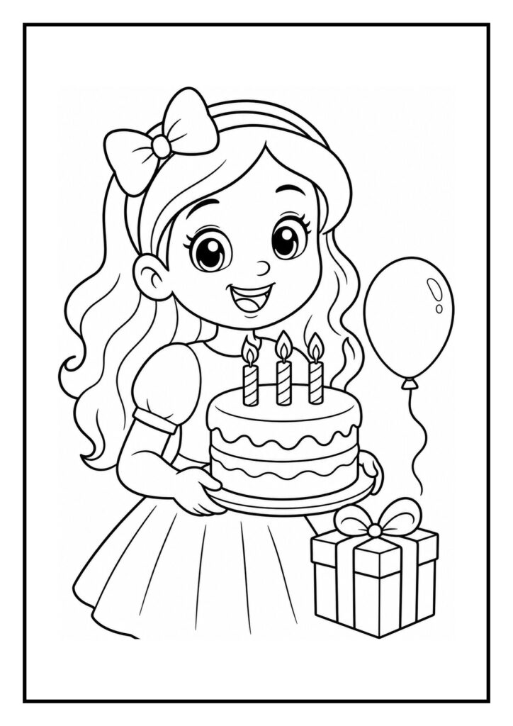 Kleurplaat van een meisje dat een verjaardagstaart vasthoudt met drie kaarsen, een ballon en een cadeau naast haar.