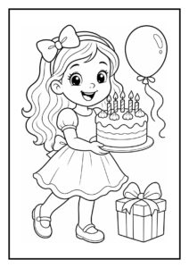 Kleurplaat van een vrolijk meisje dat een verjaardagskaart leest terwijl ze naast een verjaardagstaart met kaarsjes staat, met een ballon en een cadeau op de achtergrond.