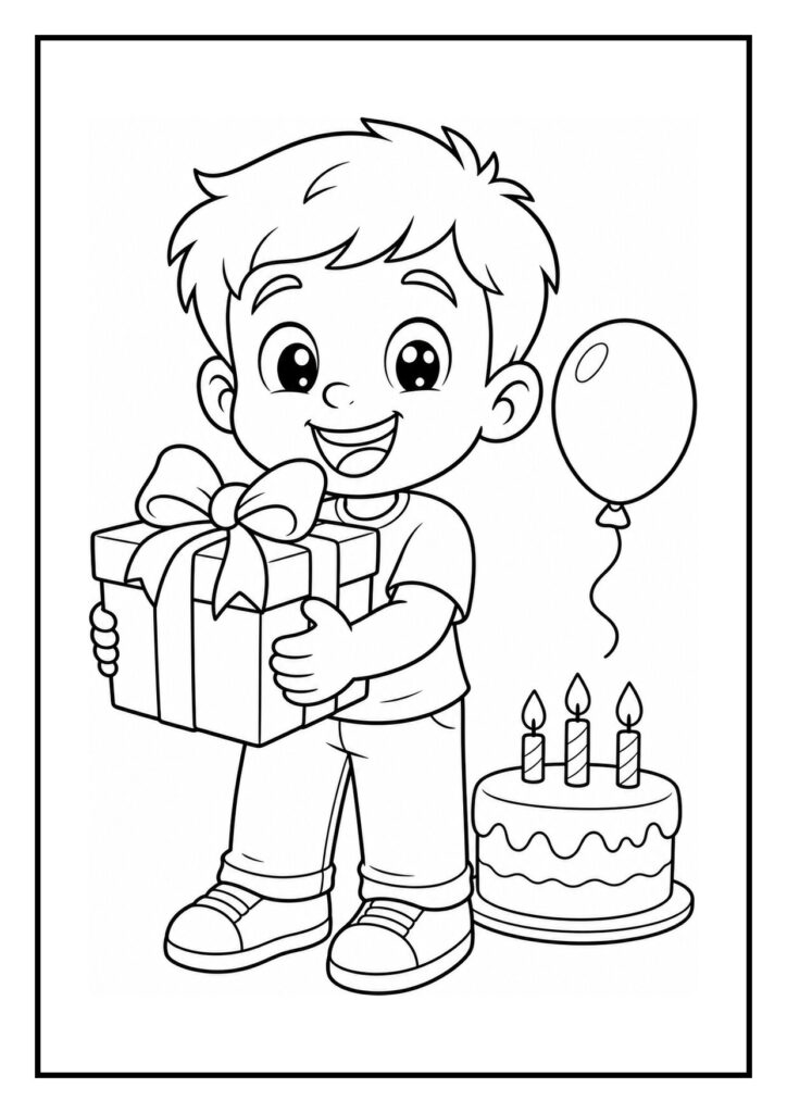 Kleurplaat van een vrolijke jongen die een cadeau vasthoudt met een verjaardagstaart en ballon erbij.