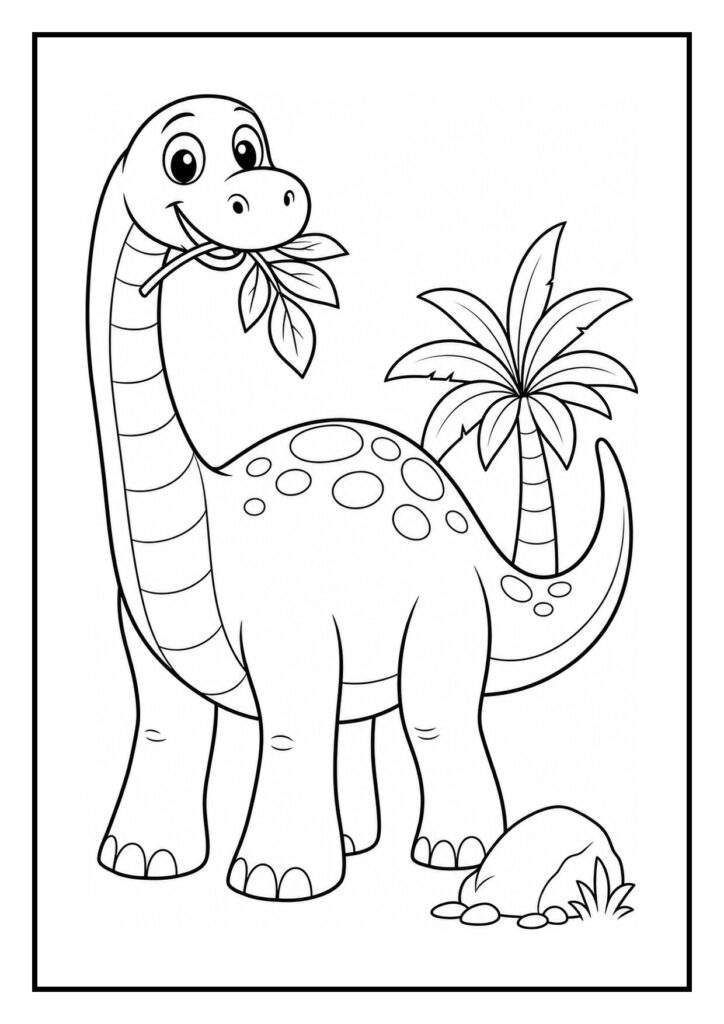 Leuke kleurplaat van een vrolijke Diplodocus die hoge bladeren uit een boom plukt in een prehistorisch bos.