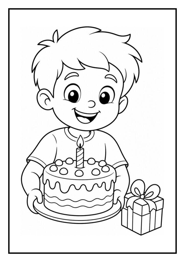 Kleurplaat van een vrolijke jongen die ballonnen loslaat bij zijn verjaardag met taart en cadeau.