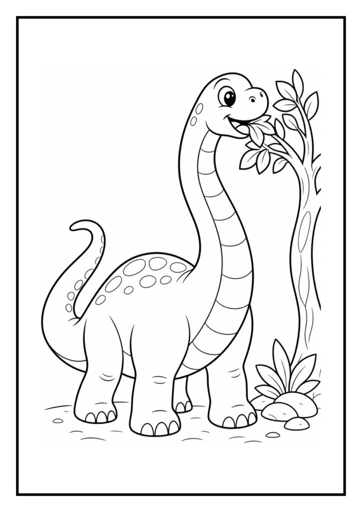 Vrolijke diplodocus die water uit de rivier drinkt in een bosrijke prehistorische omgeving kleurplaat