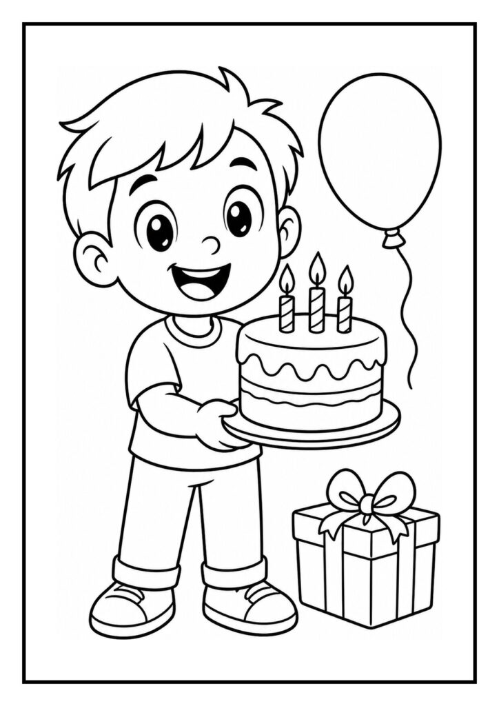 Kleurplaat van een jongen die een verjaardagstaart met drie kaarsjes vasthoudt, met een ballon en een cadeau ernaast.