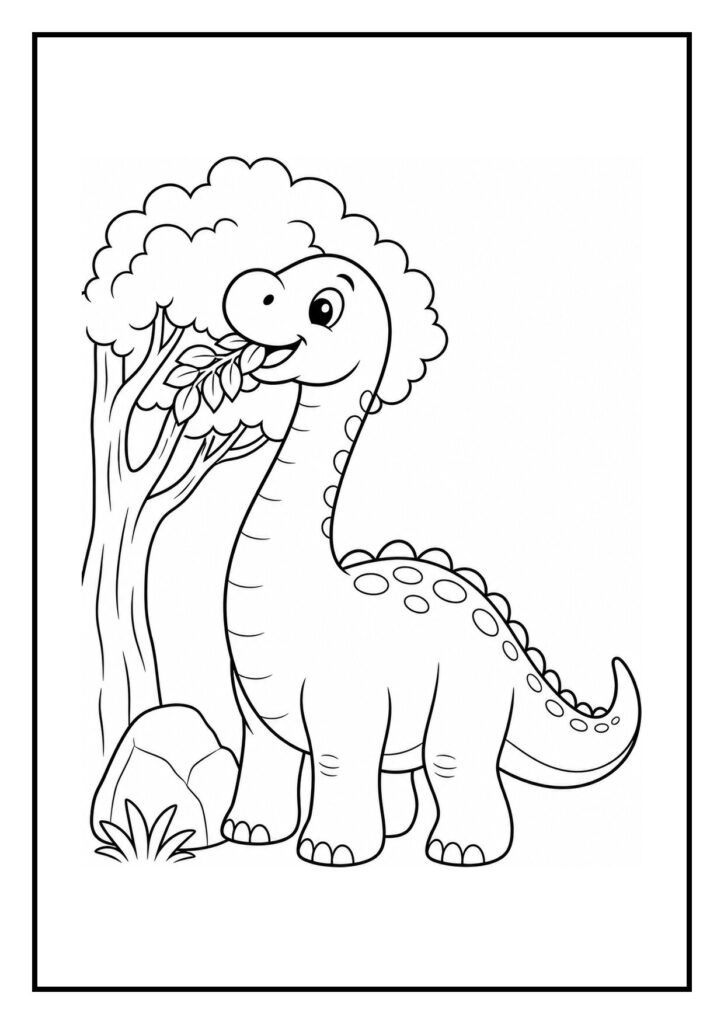 Vrolijke Diplodocus die een boom omver duwt in het bos kleurplaat
