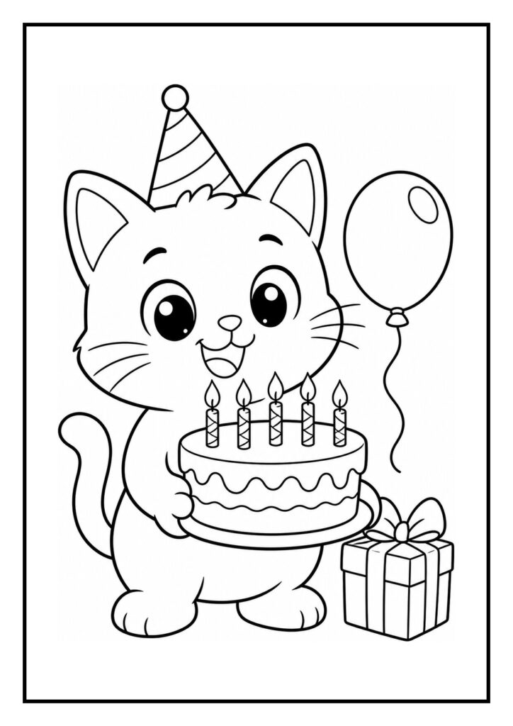 Schattige kat met feestmuts die een verjaardagstaart vasthoudt, omringd door een ballon en een cadeau tijdens een feestje