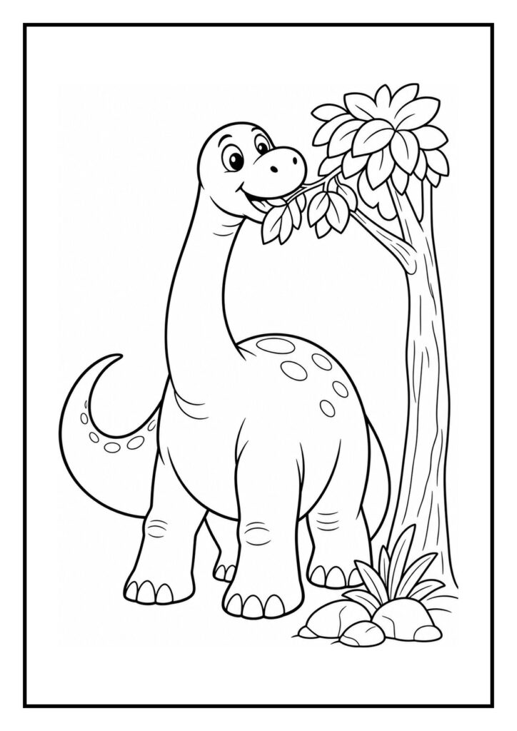 Vrolijke diplodocus die door een modderplas stampt, een schattige en eenvoudige dinosaurus kleurplaat voor kinderen.
