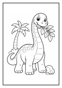 Vrolijke Apatosaurus die een heuvel beklimt met bladeren en een palmboom op de achtergrond
