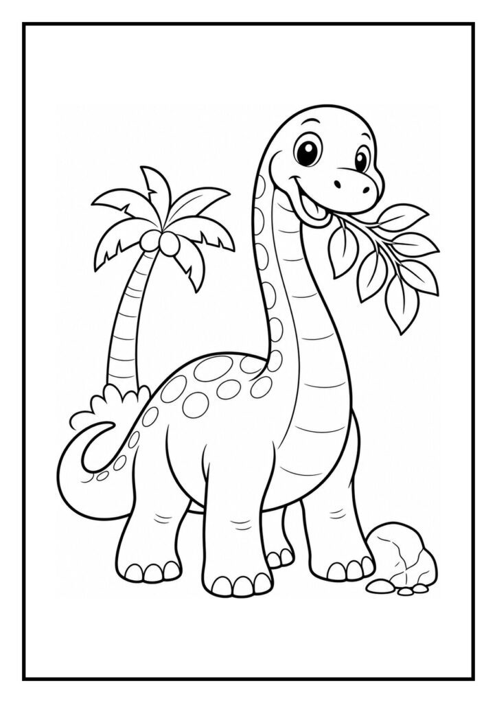 Vrolijke Apatosaurus die een heuvel beklimt met bladeren en een palmboom op de achtergrond