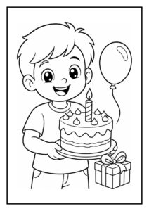 Vrolijke kleurplaat van een jongetje dat een verjaardagstaart vasthoudt met een ballon en cadeau aan de deur