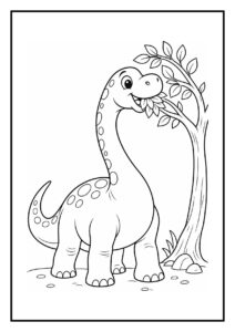 Apatosaurus die vrolijk uit een stapel bladeren tevoorschijn komt op kleurplaat