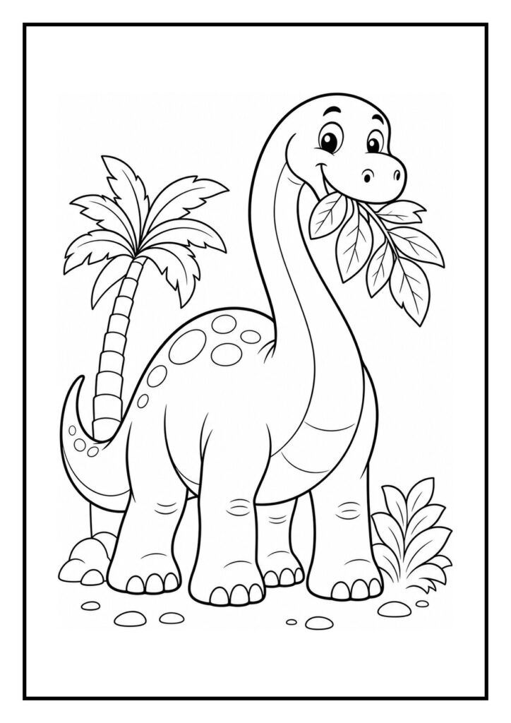 Kleurplaat van een vrolijke Apatosaurus die blaadjes van een hoge varen knabbelt in een oerwoudomgeving