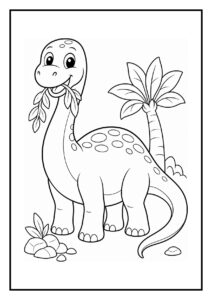 Kleurplaat van vrolijke Apatosaurus die baby-dino’s beschermt tussen bladeren met boom en stenen op de achtergrond