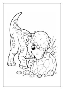 Vrolijke, schattige onbekende dinosaurus met stekels die tegen een rots duwt in een makkelijke kleurplaat voor peuters