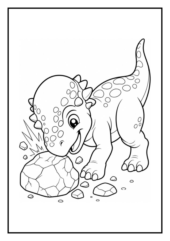 Schattige baby dinosaurus die met zijn kop tegen een rots duwt en tussen groene varens gluurt in een eenvoudige kleurplaat.