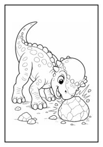 Leuke kleurplaat van een schattige onbekende dinosaurus die vrolijk tegen een steen duwt