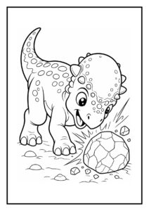 Leuke kleurplaat van een vrolijke baby dinosaurus die naar een steen kijkt tijdens een modderspat race.