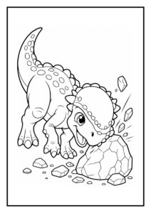 Leuke kleurplaat van een vrolijke ankylosaurus die met zijn kop tegen een grote kei botst.