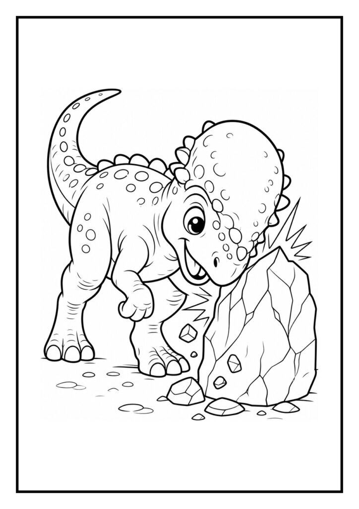 Leuke kleurplaat van een vrolijke pachycephalosaurus die met zijn kop tegen een rots duwt op het eikelpad