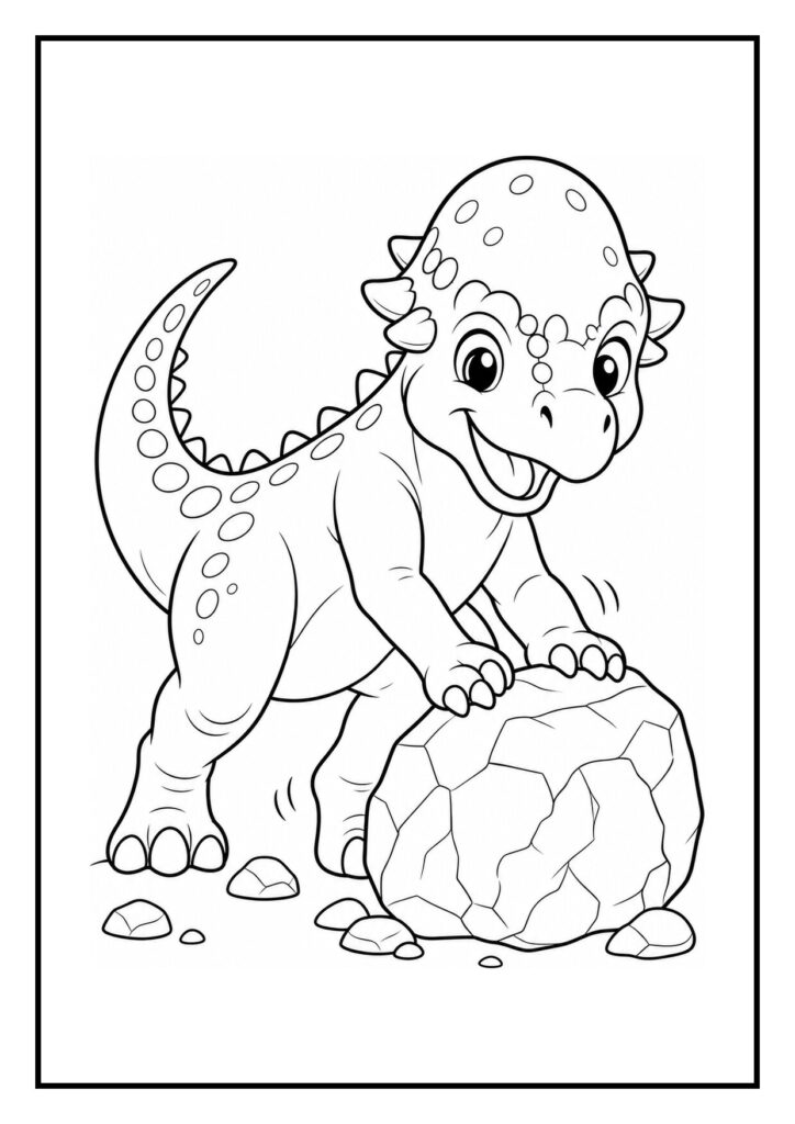 Kleurplaat van een schattige baby dinosaurus die vrolijk door een grote prehistorische poort rent