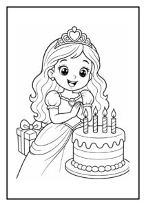Kleurplaat van een vrolijke prinses die voor een verjaardagstaart staat met vier brandende kaarsjes en een cadeau erachter