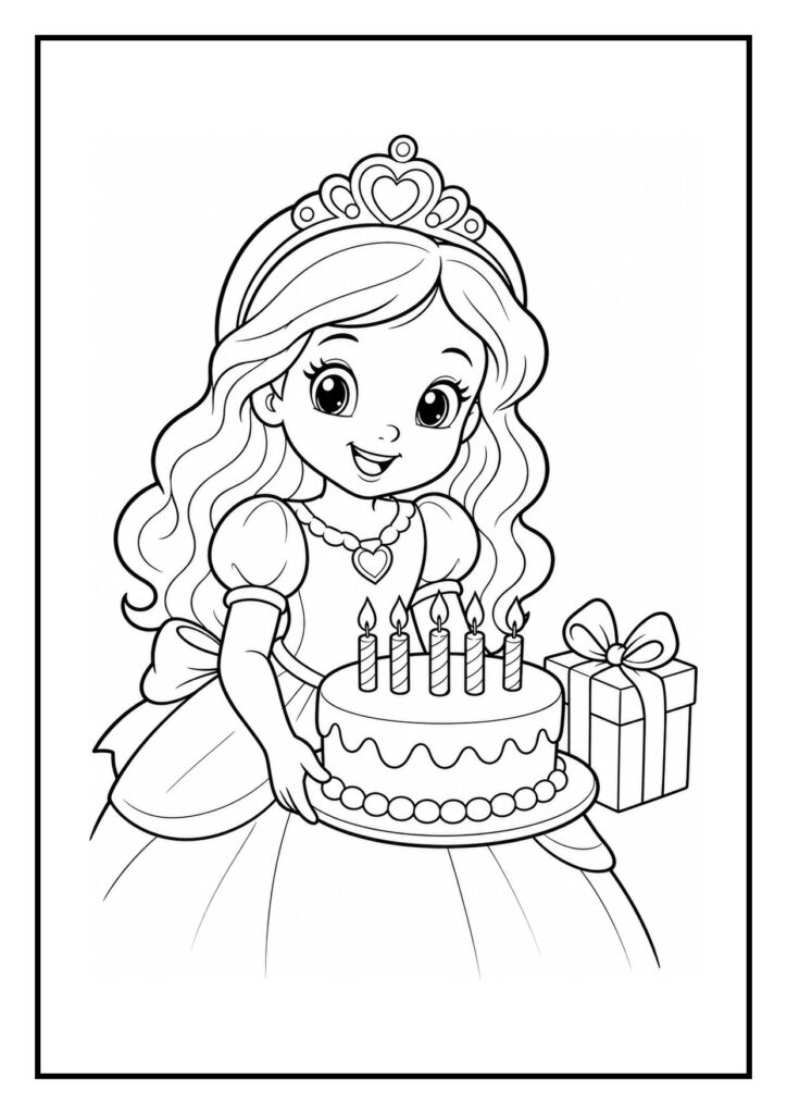 Kleurplaat van een vrolijke prinses met een verjaardagstaart met kaarsjes en een cadeau in haar handen