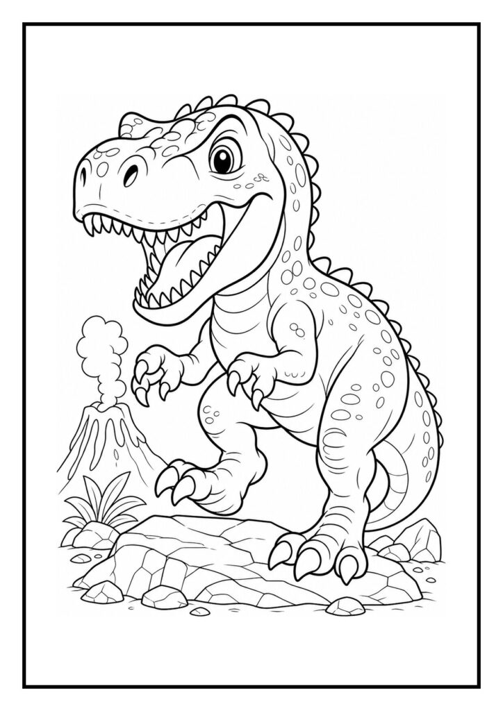 Kleurplaat van een Giganotosaurus die luid brult op een rotsrand in een prehistorisch landschap.