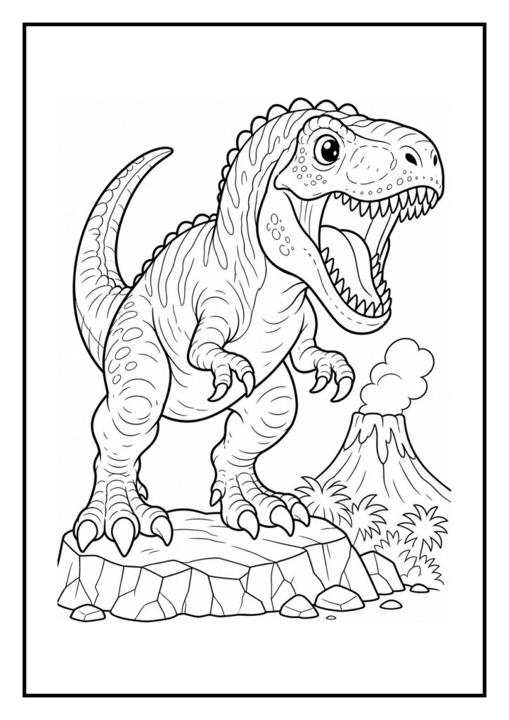 Kleurplaat van een speelse T-Rex die rent naast een rokende vulkaan in een prehistorische vlakte.