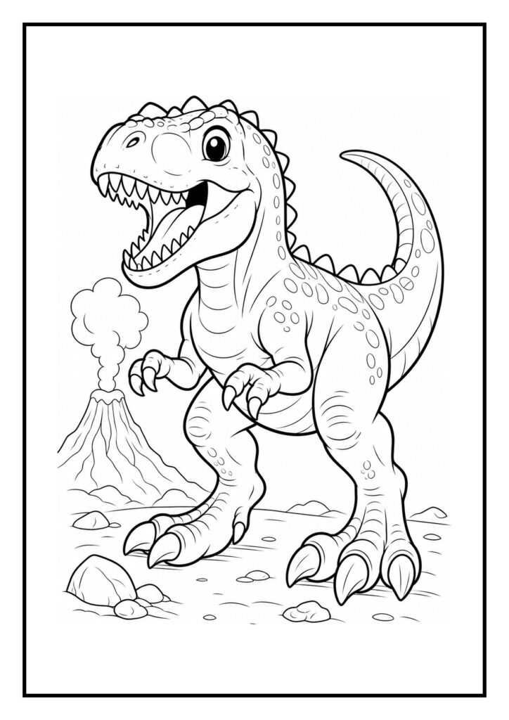 Vriendelijke T-Rex kleurplaat met een vrolijke dinosaurus die jaagt bij de rivieroever en een rokende vulkaan op de achtergrond