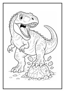 Kleurplaat van een Giganotosaurus die speels uit een oermeer drinkt