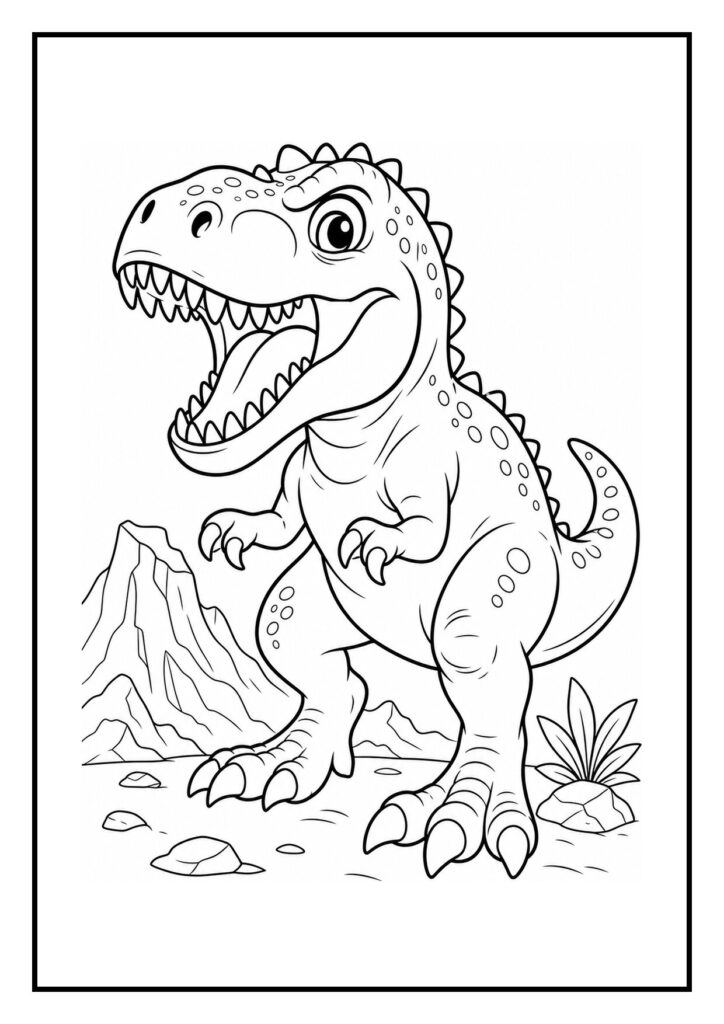 Kleurplaat van een giganotosaurus die een herder besluipt in een bosrijke omgeving met planten en bomen.