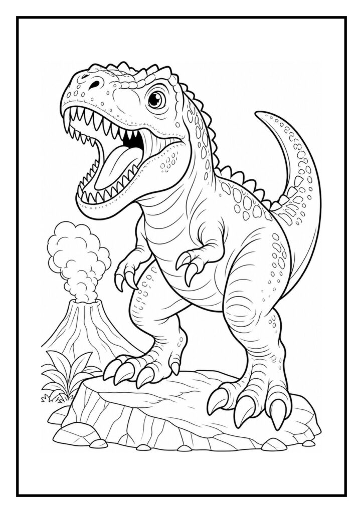 Kleurplaat van een vrolijke Giganotosaurus die door een varenveld breekt met een rokende vulkaan op de achtergrond.