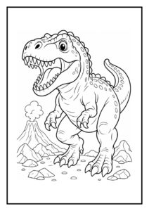 Leuke kleurplaat van een vrolijke T-Rex met een open mond bij een vulkaan voor kinderen.