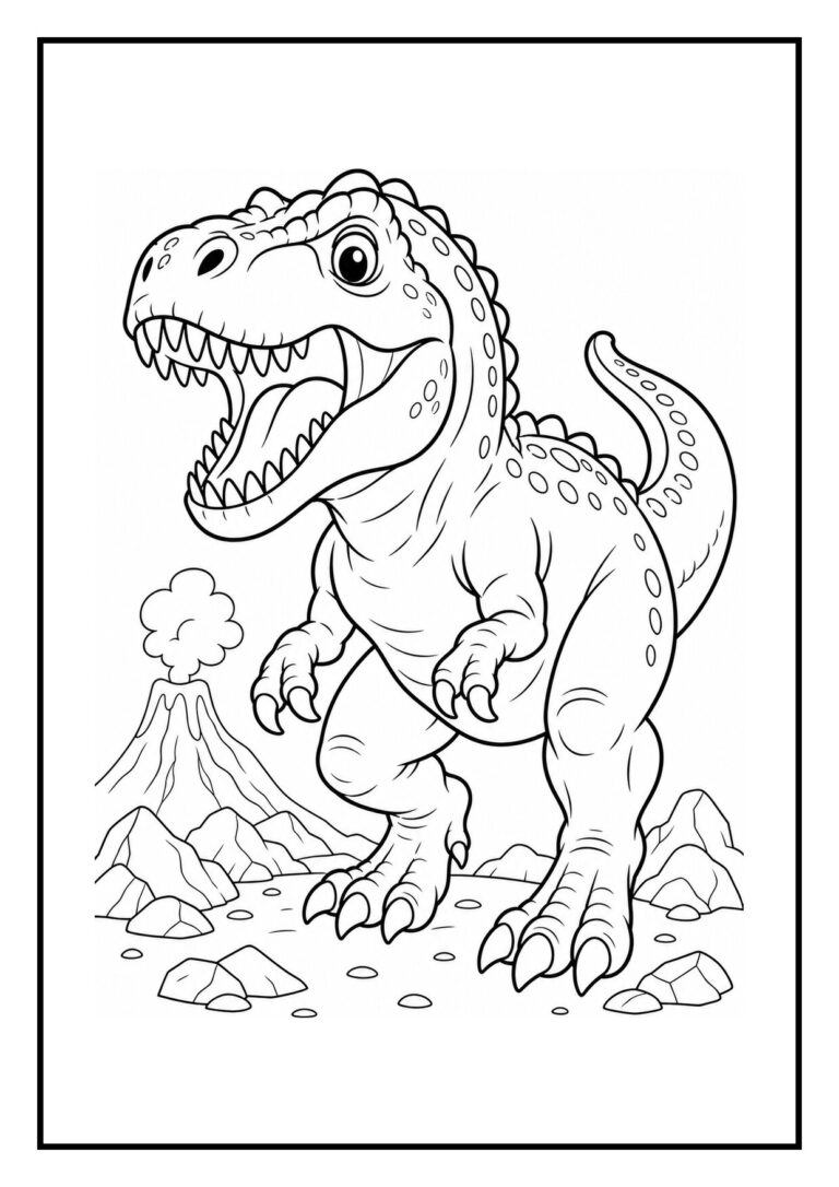 Leuke kleurplaat van een vrolijke T-Rex met een open mond bij een vulkaan voor kinderen.