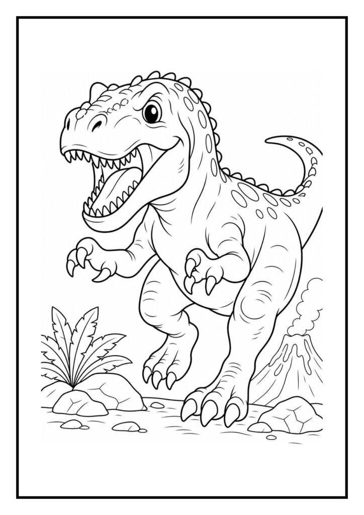 Vrolijke T-Rex kleurplaat bij vulkaan met planten, die vanaf een bergkam roept