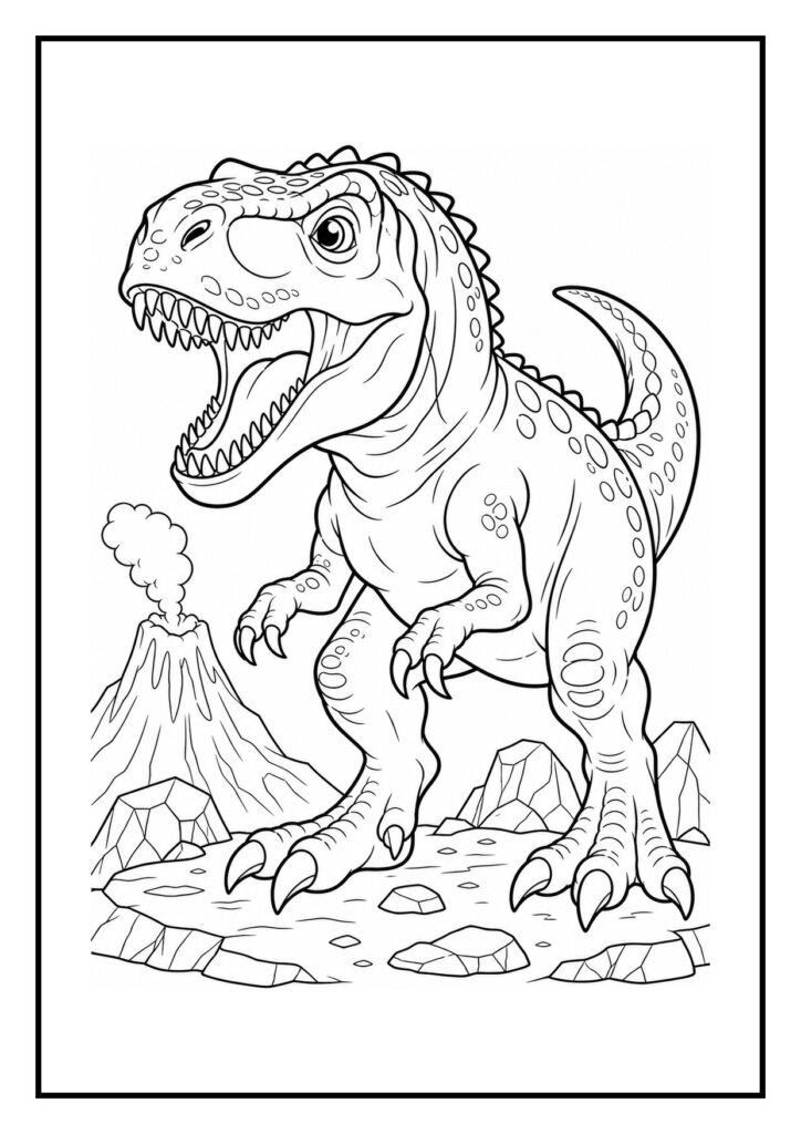 Kleurplaat van een vrolijke Giganotosaurus die een eierennest ontdekt bij een rokende vulkaan.