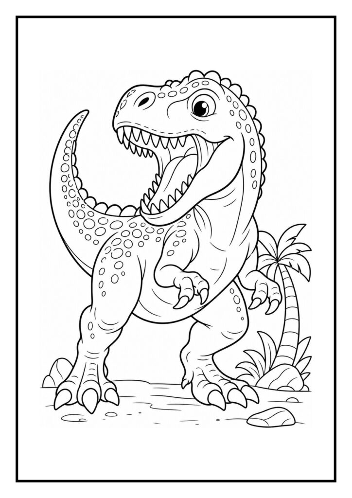 Vriendelijke T-Rex kleurplaat voor kinderen met een lachende dinosaurus en een palmboom op de achtergrond.