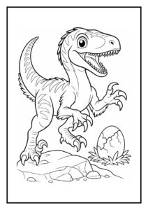 Kleurplaat van een vrolijke velociraptor die naar een vis springt aan de oever