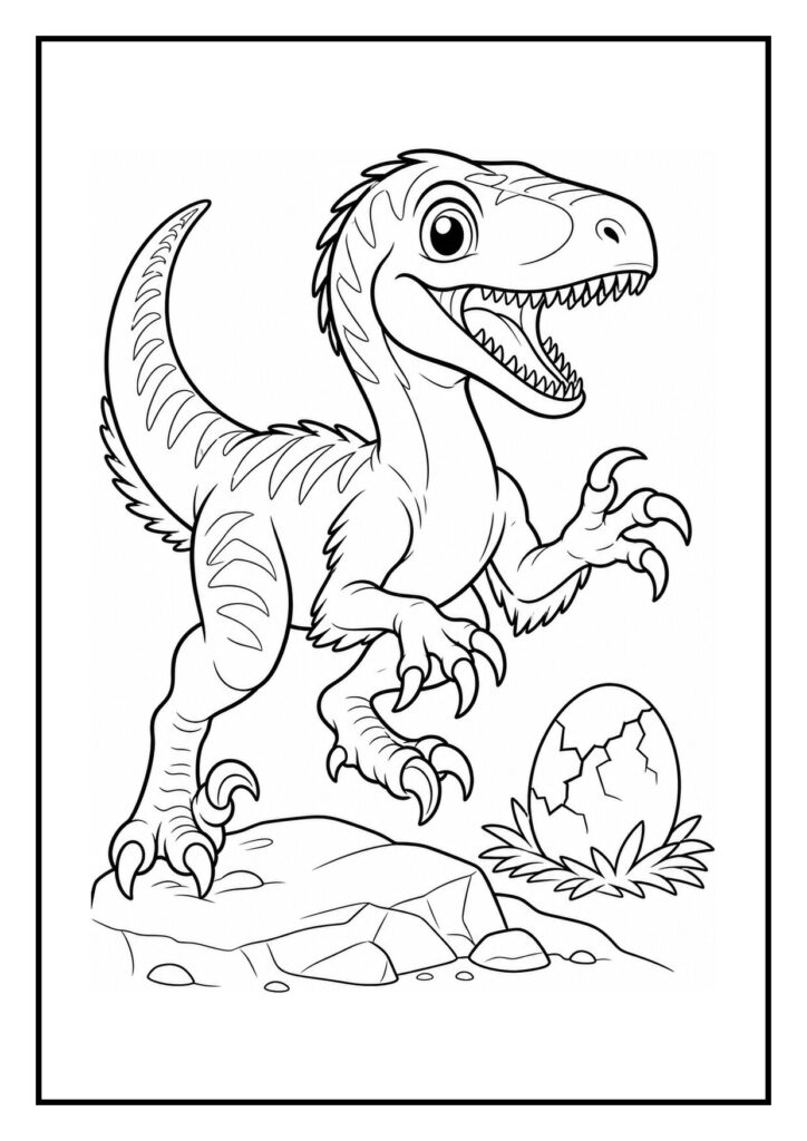 Kleurplaat van een vrolijke velociraptor die naar een vis springt aan de oever