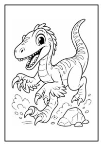 Leuke kleurplaat van een vrolijke velociraptor die springt met grote klauwen en een speelse uitstraling tussen lage varens