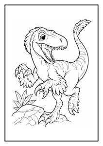 Kleurplaat van een vrolijke en schattige Velociraptor die staat op een rots met een vallende kokosnoot boven hem.