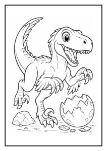 Kleurplaat van een Deinonychus die achter een prooi aan een scherpe draaibeweging maakt.