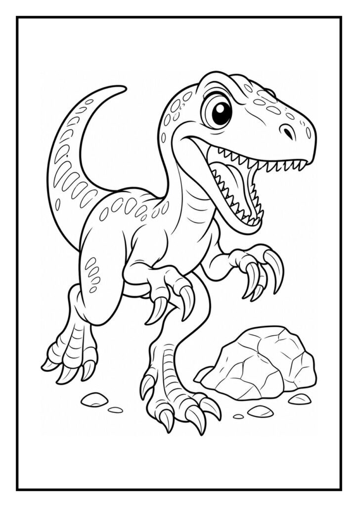 Speelse velociraptor met grote ogen pakt een tak uit een nest in een schattige kleurplaat