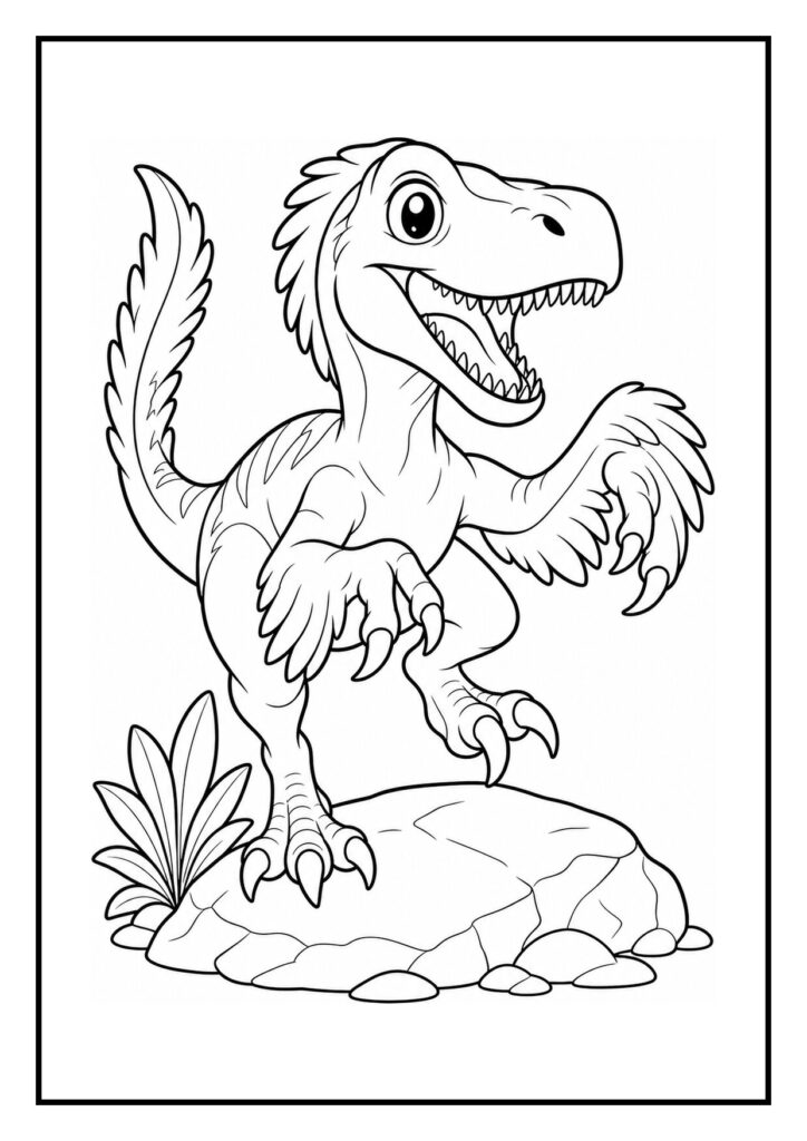 Kleurplaat van een schattige velociraptor die een vliegende libel grijpt terwijl hij op een rots met planten staat.