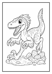 Kleurplaat van een vrolijke Velociraptor die zijn nest met eieren beschermt