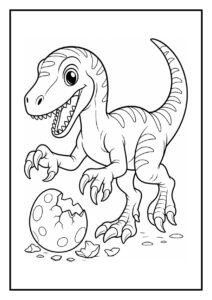 Vrolijke baby Velociraptor die op een lage rots klimt, kleurplaat geschikt voor peuters.