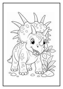Leuke kleurplaat van een vrolijke Triceratops die een oerwoudstruik weg blaast