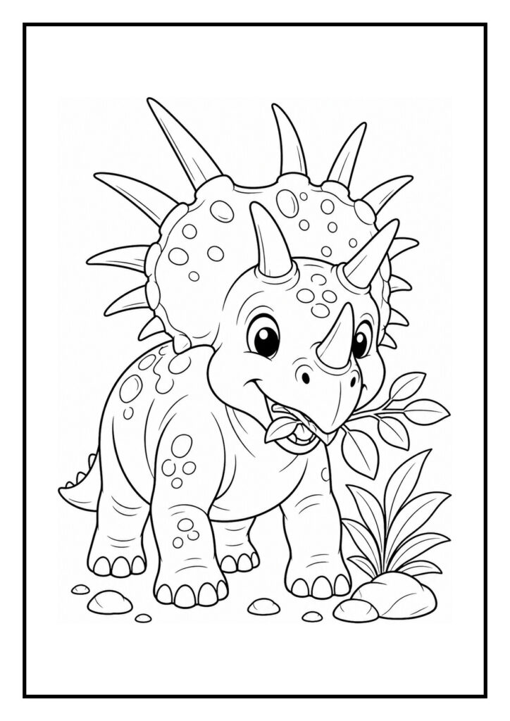 Leuke kleurplaat van een vrolijke Triceratops die een oerwoudstruik weg blaast