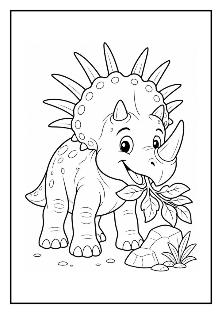 Schattige triceratops kleurplaat met een blij dinosaurussje dat bladeren eet en een grote parel vindt